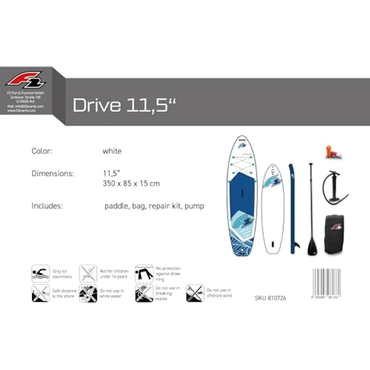 F2 Drive SUP Stand Up Paddle Board 350cm 11,5, robustes Dropstitch-Material, rutschfestes Deckpad, Weiss – Bild 6