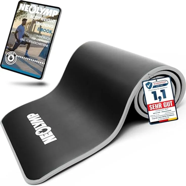 NEOLYMP Fitnessmatte, extra dicke und rutschfeste Trainingsmatte mit E-Book, Tragegurt und schadstofffreier Oberfläche, grau