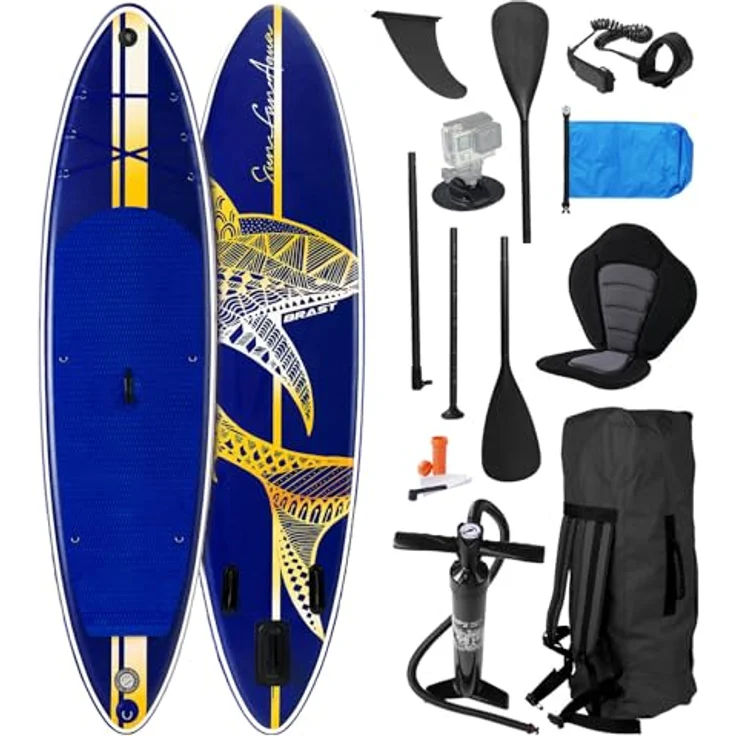 BRAST SUP Board Shark, Aufblasbares Stand up Paddle Set 320x81x15 cm, 200 kg Tragkraft, inkl. 2in1 Paddel, Kajaksitz, Action-Cam-Halterung, 5 Jahre Garantie, 8 Designs – Bild 1