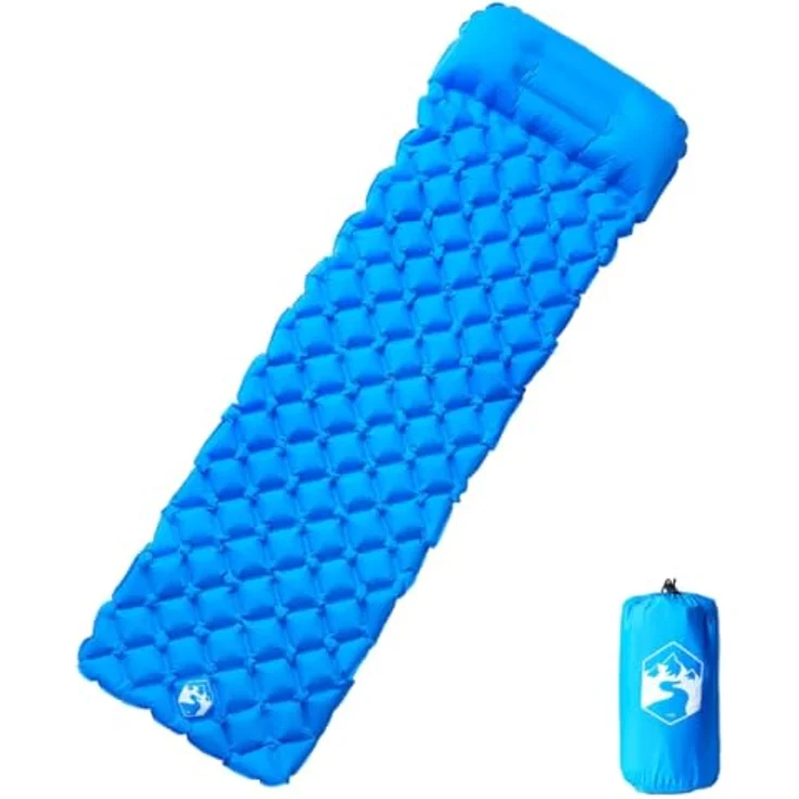 vidaXL Isomatte, Luftmatratze mit Integriertem Kissen und Tragetasche, Campingmatte Aufblasbar Tragbar Wasserfest, Blau 40D-Nylon – Bild 1