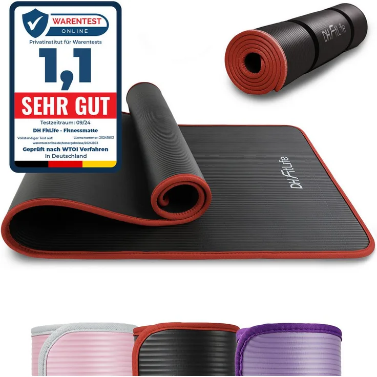 DH FitLife Fitnessmatte, Gymnastikmatte 183*61*1 cm, reißfest, rutschfest, gelenkschonend, schalldämpfend, mit Orientierungslinien