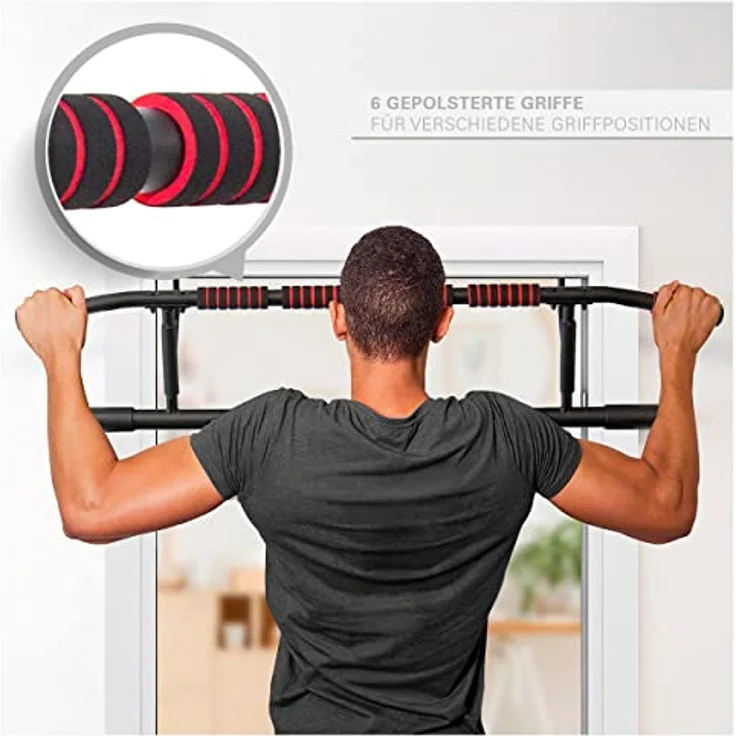 Sport-Tec Türreck Klimmzugstange klappbar, 117x28 cm, inkl. 2 Power Ropes und 2 Karabinerhaken, 6 gepolsterte Griffe – Bild 2