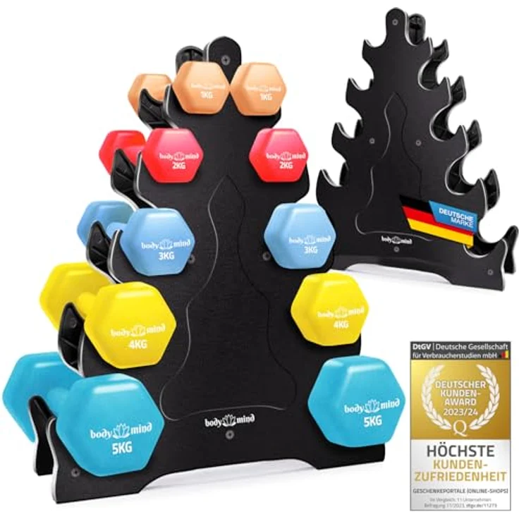 Body & Mind® Hanteln 2er Set, Gymnastikhanteln mit rutschfester Neoprenbeschichtung, 10 Kurzhanteln in 5 Gewichtsklassen und 5-Ebenen Hantelständer für effektives Krafttraining zuhause – Bild 1