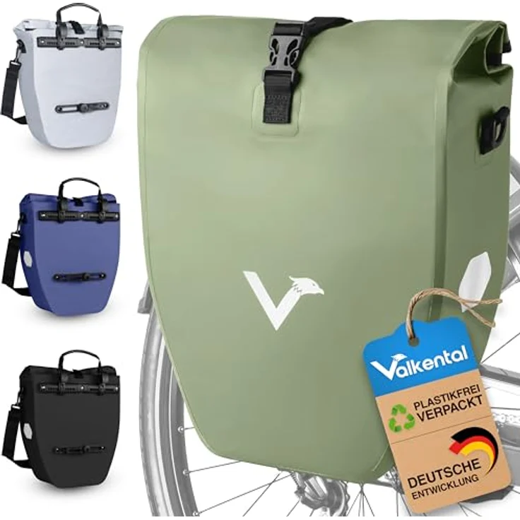 Valkental Gepäckträgertasche, wasserdichte Fahrradtasche mit 20L Füllvolumen und Reflektoren in Natur Grün – Bild 1