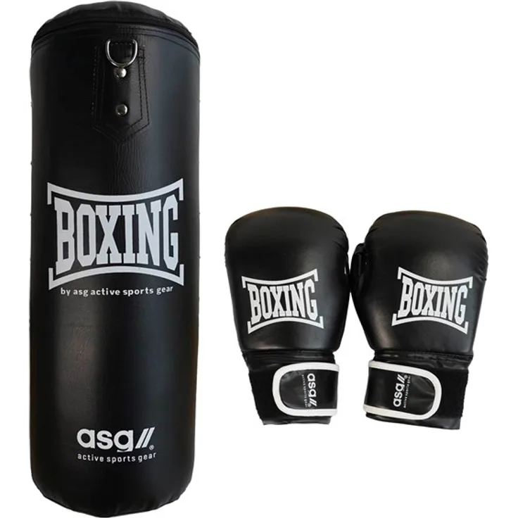 ASG Junior Boxing Bag - 15 Kg Boksset mit Handschuhen, Schwarz/Weiß, ideal für Kinder 6-12 Jahre