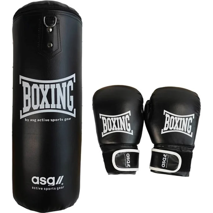ASG Junior Boxing Bag - 15 Kg Boksset mit Handschuhen, Schwarz/Weiß, ideal für Kinder 6-12 Jahre