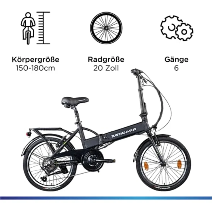 ZÜNDAPP Z101 Faltrad E-Bike 20 Zoll Klapprad Pedelec StVZO Elektrofaltrad 6 Gang, Schwarz – Bild 3