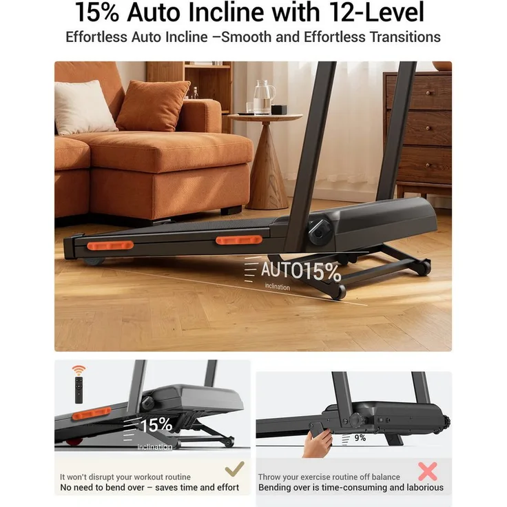 ROBORE Laufband X8F Walking Pad, 0–20 % Neigungsverstellung, 1–12 km/h, mit Fernbedienung und LED-Anzeige, für zu Hause und im Büro