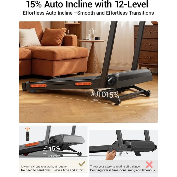ROBORE Laufband X8F Walking Pad, 0–20 % Neigungsverstellung, 1–12 km/h, mit Fernbedienung und LED-Anzeige, für zu Hause und im Büro