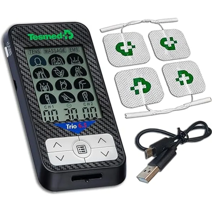 TESMED Trio 6.5, Wiederaufladbarer Muskel-Elektrostimulator mit 36 Programmen, 40 Intensitätsstufen, 4 Elektroden für EMS, TENS und Massage, ideal für Fitness und Schmerztherapie