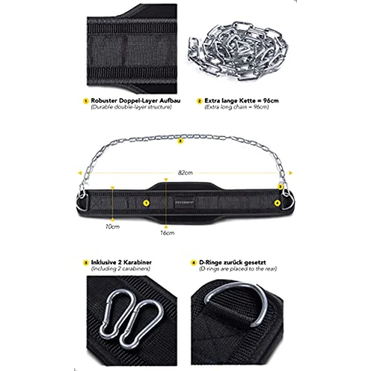 Fitgriff® Dip Gürtel mit Kette + 2 Karabiner, Dip Belt für Bodybuilding, Krafttraining, Gewichtheben - Gewichthebergürtel, Gewicht Gürtel (Schwarz, OneSize) – Bild 3