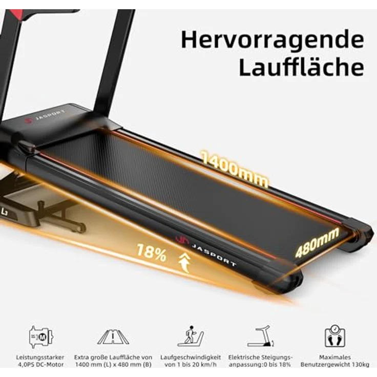 JASPORT L3 Laufband für Zuhause klappbar, leise-Federungsdämpfung, Bluetooth-Kinomap&Zwift kompatibel, 4PS, bis 20km/h, 18% Steigungswinkel, 1400x480mm großer Lauffläche, bis 130kg, inkl. Brustgurt - Preisvergleich – Bild 3