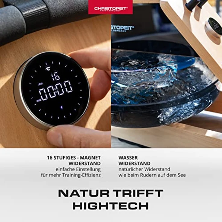 Christopeit Sport Wasser Rudergerät WP 5000 - Hybrid-Widerstandssystem - Massivholz - LCD-Computer - Klappbar – Bild 4