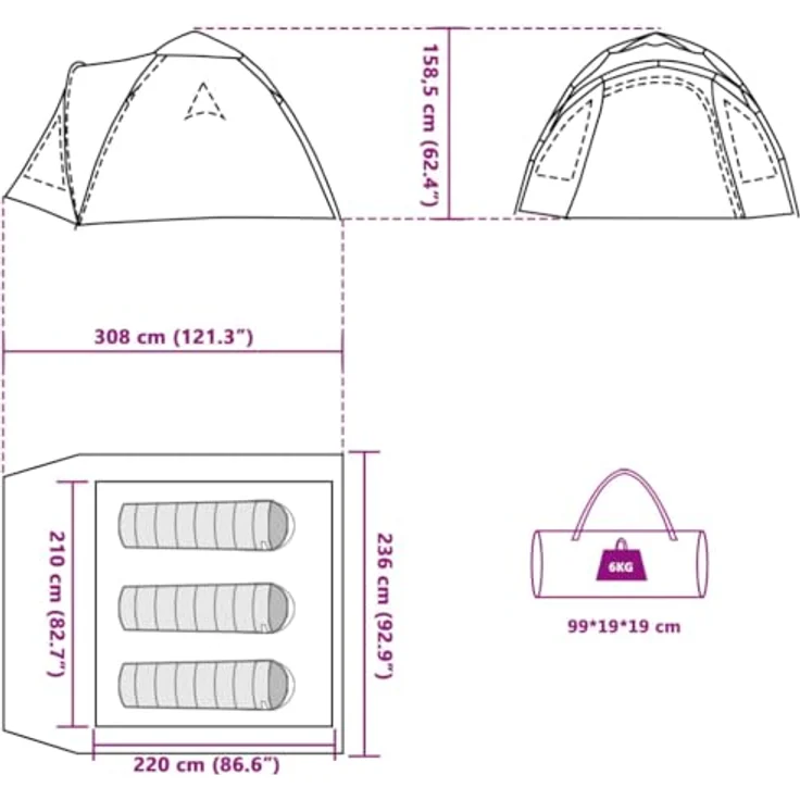 vidaXL Kuppelzelt, wasserdicht und windresistent für 3 Personen, blau, 6 kg, mit Schnellverschluss-System und E-Port – Bild 3