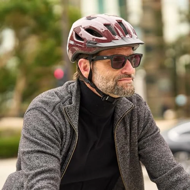 ABUS Stadthelm Urban-I 4.0, Fahrradhelm mit aufladbarem Rücklicht, 2 Leuchtmodi, Schirm, Zopf-Öffnung, magnetischem Verschluss, Größe S, rot – Bild 8
