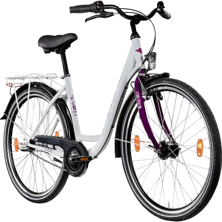 Zündapp Yellow 3.0 Damenfahrrad, 3-Gang Nabenschaltung, 26 Zoll, weiß-lila, für Körpergröße 140-155 cm, Cityrad mit tiefem Einstieg