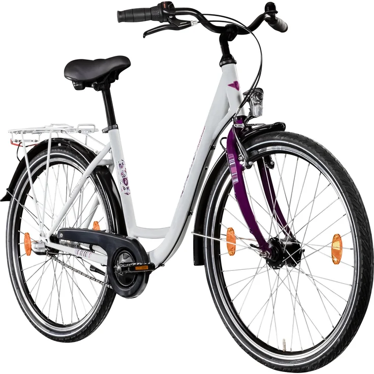 Zündapp Yellow 3.0 Damenfahrrad, 3-Gang Nabenschaltung, 26 Zoll, weiß-lila, für Körpergröße 140-155 cm, Cityrad mit tiefem Einstieg