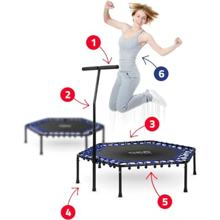 Neo-Sport Fitness Trampolin Klein, Mini Jumping Trampolin mit höhenverstellbarem Haltegriff, Durchmesser 127 cm, bis 100 kg, Indoor-Outdoortauglich, Blau – Bild 5