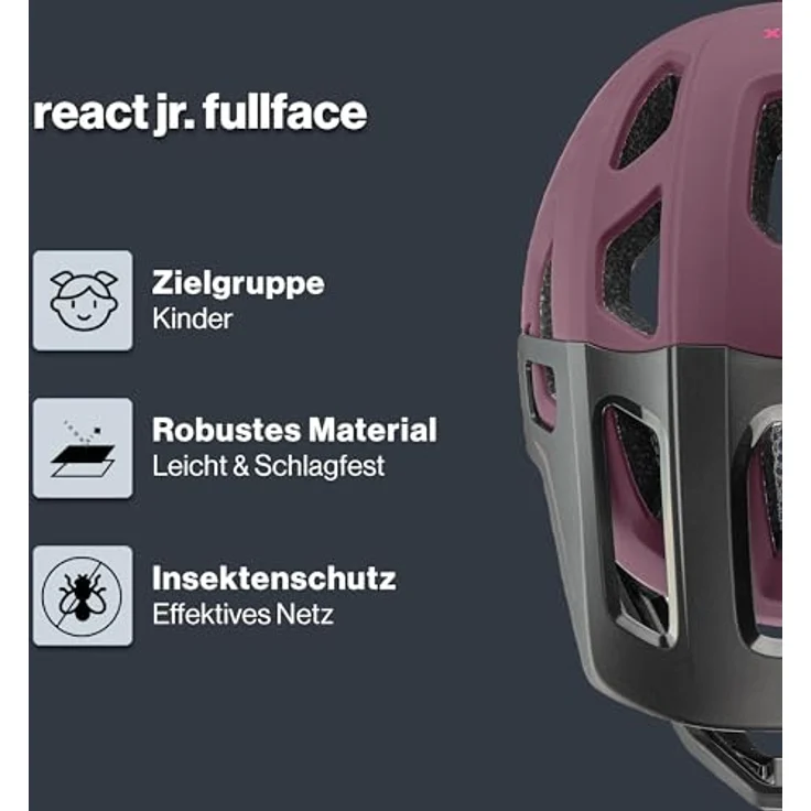 Uvex React Jr Fullface, Kinder MTB Fahrradhelm, cranberry matt, Größenverstellbar, integrierte Sonnenblende, passive Belüftung – Bild 2