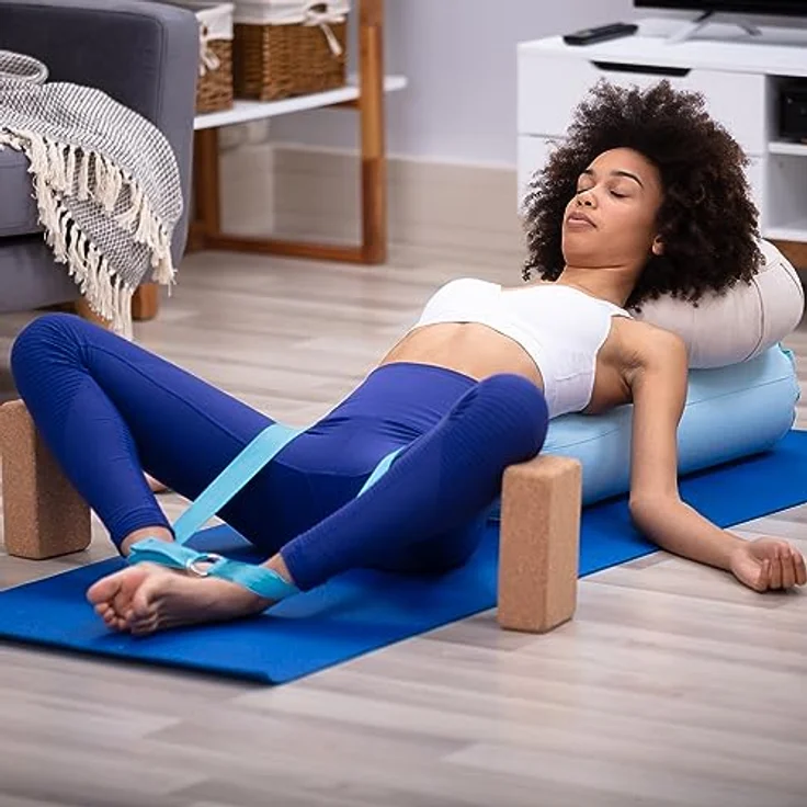 Relaxdays Yogagurt 2er Set, Dehnungshilfe, 250 x 3,8 cm, Yogaband für Anfänger und Fortgeschrittene, Baumwolle, hellblau – Bild 2