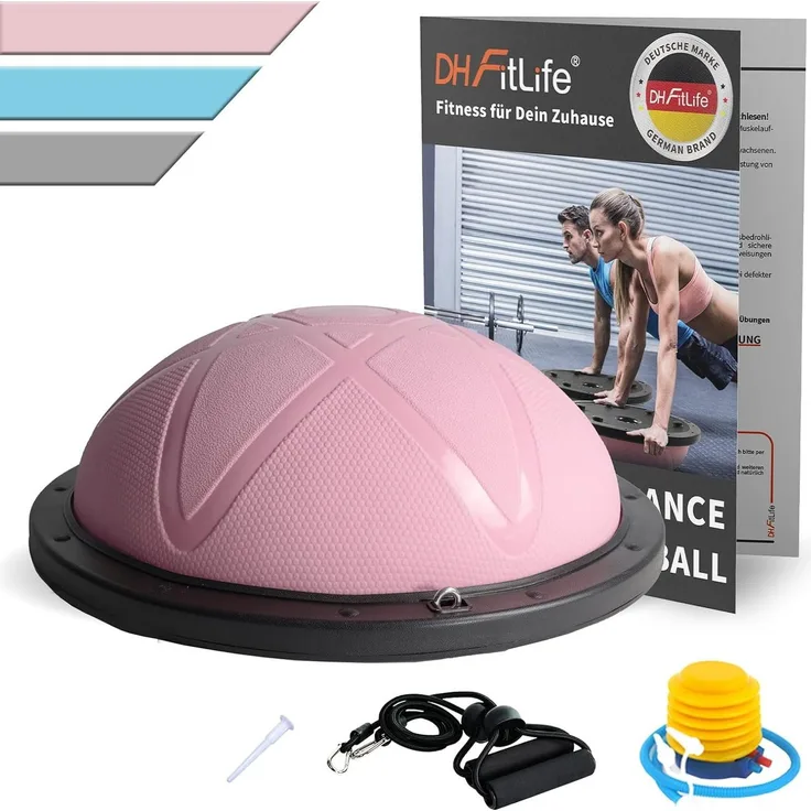DH FitLife Balanceboard Balance Ball, beidseitig einsetzbar, Φ60*22cm, bis 200 KG, inkl. Pumpe & 2 Fitnessbänder, Rosa