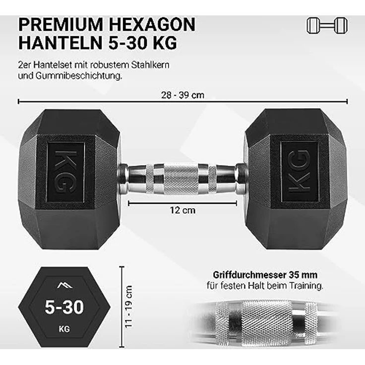 Hexagon-Hanteln Premium (Paar) | 5-30 kg | rutschsicher ummantelt | ergonomische verchromte Griffe | Kurzhantel-Set | Dumbbell-Set (27,5 kg - Paar (2 Stück)) – Bild 2