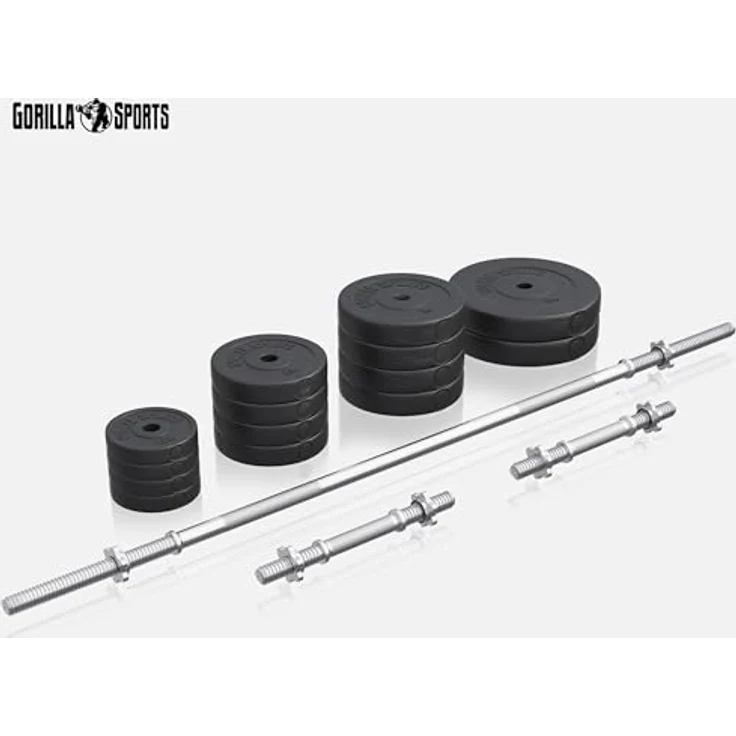 GORILLA SPORTS® Hantelset - 70kg, Langhantelstange 170cm, Gewichte 4x1,25kg / 4x2,5kg / 4x5kg / 2x10kg, 2x Kurzhanteln 30mm, mit 6 Sternverschlüssen, Kunststoff - Hantel Set, Kurzhantelset, Hanteln – Bild 2