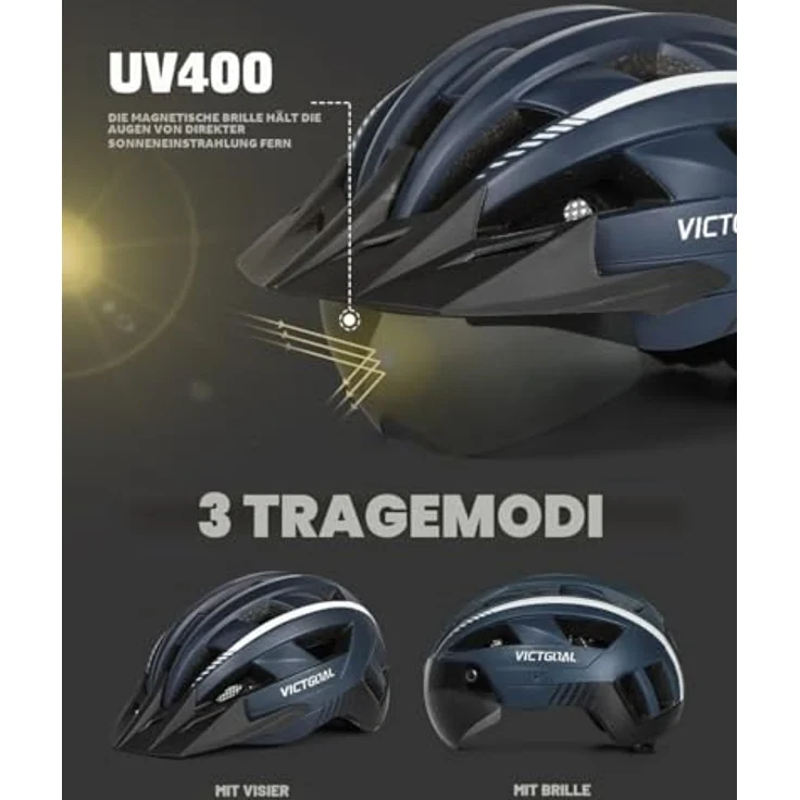 Victgoal VICTGOAL Fahrradhelm Herren Damen MTB Helm, XL (59-63cm), marineblau, mit abnehmbarer magnetischer Schutzbrille, atmungsaktiv, 21 Belüftungskanäle und LED Rücklicht – Bild 2