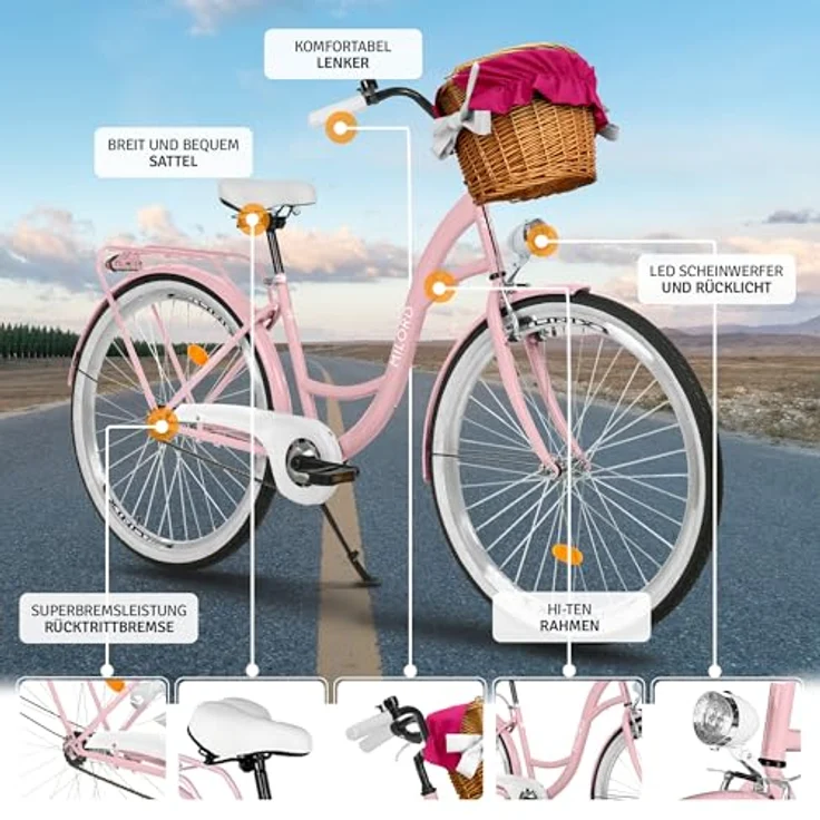 Milordbikes City-Fahrrad, Pink, 46 cm, Metallrahmen, Freizeit- und Sportbike mit Aluminiumfelgen und Trägersystem – Bild 2