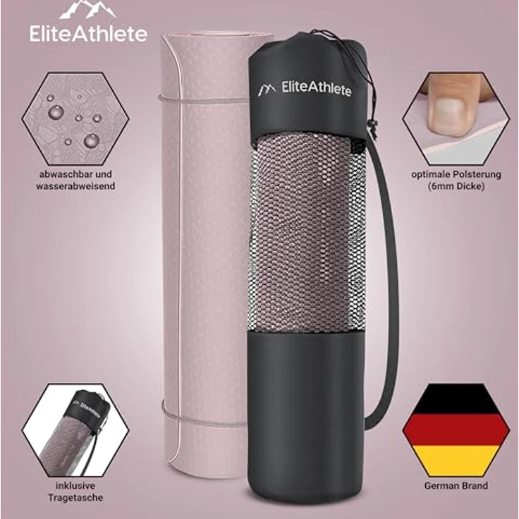 EliteAthlete Yogamatte - Sportmatte - Fitnessmatte - Gymnastikmatte gepolstert & rutschfest für Fitness, Pilates - Yoga Matte - 183 cm x 61 cm x 0.6 cm - Trainingsmatte inkl. Transportgurt + Tasche – Bild 2