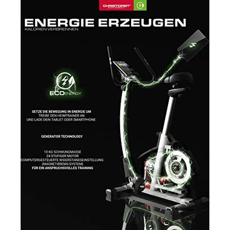 Christopeit Sport Ergometer Heimtrainer Eco 1000 - Generator, Magnet-Bremssystem, USB, Kinomap-App, bis 150kg Gewicht – Bild 2
