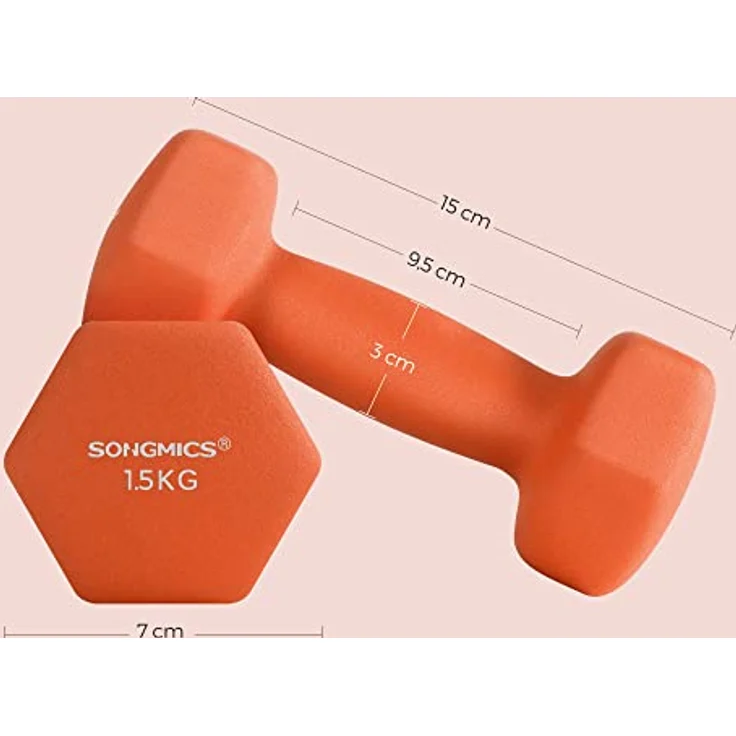 SONGMICS Hanteln 2er Set, 2 x 1,5 kg, mit matter Beschichtung aus Neopren, rutschfest, Krafttraining, zu Hause, orange SYL63OG – Bild 5