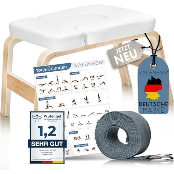 VALENESS Yoga Kopfstandhocker - Yoga Hocker inkl. Yogagurt, Yogablock & Übungsposter - Handstand Trainer aus Naturholz (weiß) – Bild 1