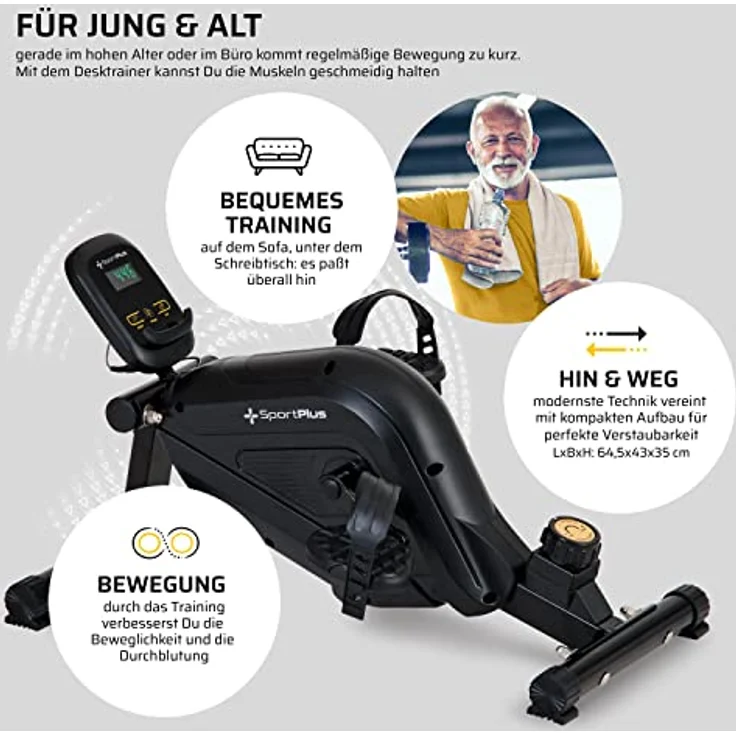 SportPlus Beintrainer für zuhause & Büro, Mini-Heimtrainer mit Magnet-Bremse & 8 Widerstands-Stufen, mit Trainingscomputer, extra breite Pedale, App kompatibel | Heimtrainer Fahrrad | Minibike – Bild 5