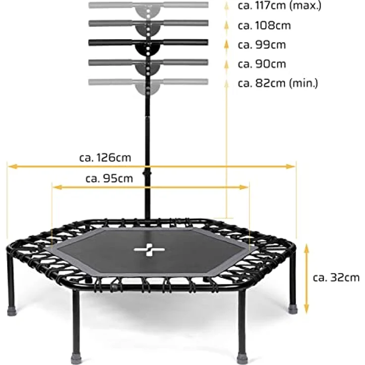 SportPlus| Newest Edition | Fitness Trampolin für zuhause, mit Haltestange (5-Fach höhenverstellbar), weiche Gummiseilfederung, sehr leise & bis 130 kg belastbar, anthrazit – Bild 2