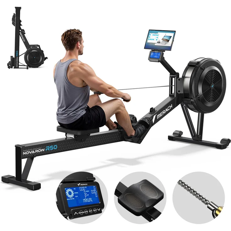 Merach NovaRow R50 PRO, Klappbares Luftwiderstand Rudergerät mit Bluetooth, LCD-Display, ergonomischem Sitz und verstellbarem Tablet-Halter, bis 158 kg