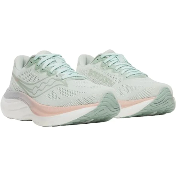 Saucony RIDE 19 Damen Laufschuhe, Mist/Cameo, atmungsaktives Mesh-Obermaterial, PWRRUN+ Dämpfung, spritzwasserfest, stabilisierende Fersenkappe – Bild 4