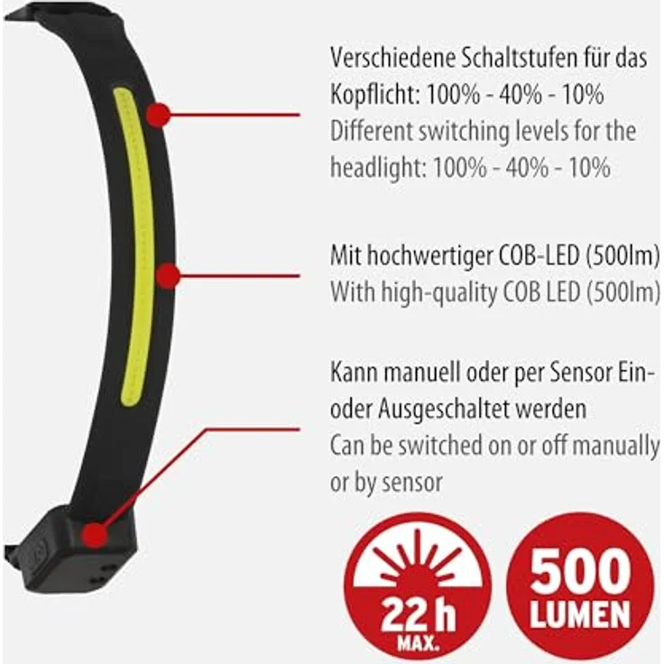 Brennenstuhl LuxPremium Akku LED Sensor Kopflampe SL 500 A, Wiederaufladbare Stirnlampe mit Sensor (USB C, Rotlicht, IP44, COB-LED, 500lm, max. 22h Leuchtdauer, Akku 18650 austauschbar) – Bild 2