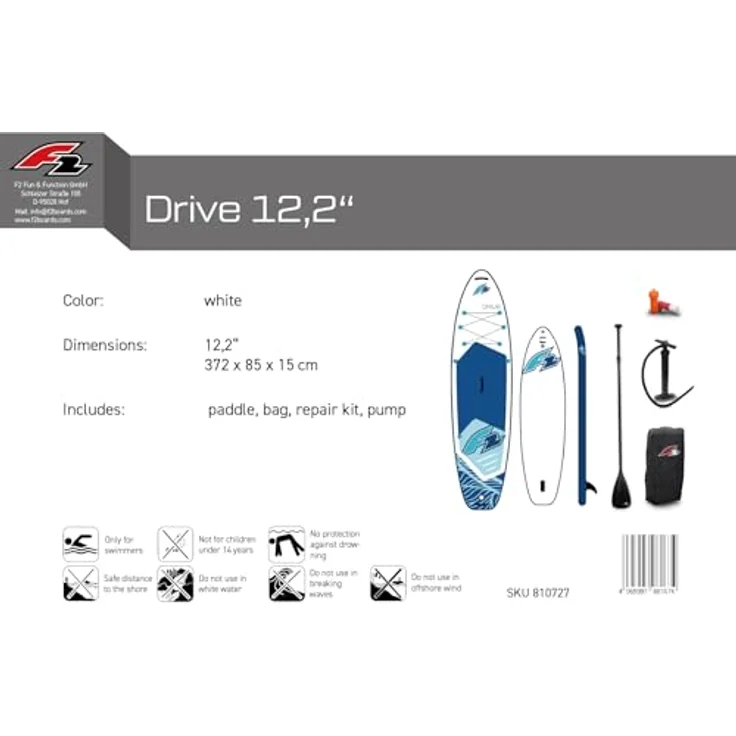 WASSERSPORT EUROPA F2 Drive 12,2 iSUP Board Set, Stand Up Paddle Surf-Board 372 cm, robustes 6" Dropstitch-Material, inklusive Zubehör, Farbe: Weiss/Grau/Petrol – Bild 6