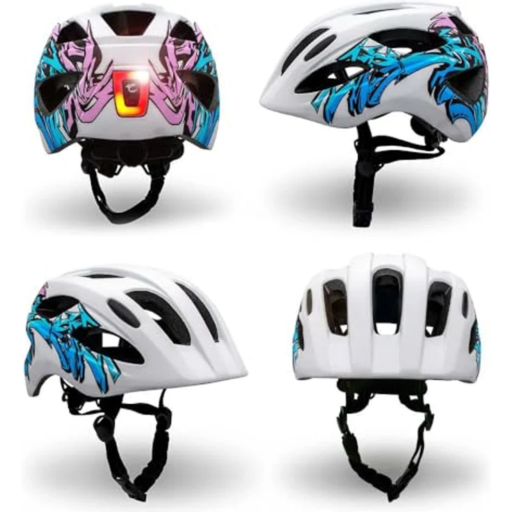Crazy Safety Graffiti Kinder Fahrradhelm, verstellbar von 54-58 cm, mit wiederaufladbarem USB-Rücklicht und 15 Lüftungslöchern, Weiß/Blau – Bild 2