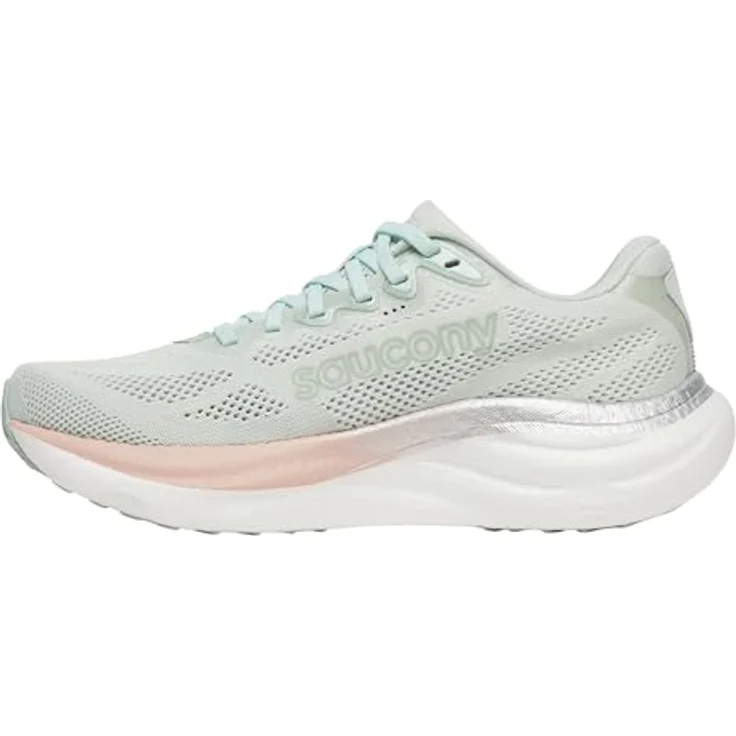 Saucony RIDE 19 Damen Laufschuhe, Mist/Cameo, atmungsaktives Mesh-Obermaterial, PWRRUN+ Dämpfung, spritzwasserfest, stabilisierende Fersenkappe – Bild 1