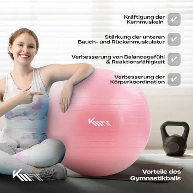 KM-Fit Gymnastikball 75cm | Trainingsball mit Luft-Pumpe | Sitzball Büro Anti-Burst | Ball für Fitness, Yoga, Gymnastik, Core Training | Pezziball Yogaball BPA-Frei | Pink – Bild 3