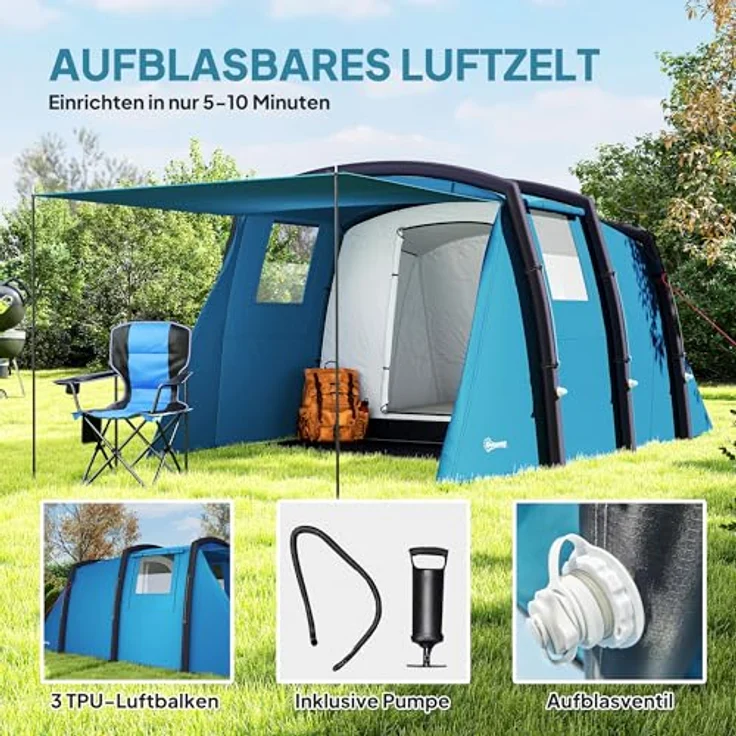 Outsunny Aufblasbares Campingzelt für 3-6 Personen, wasserdicht und UV50+, schnelles Aufstellen mit Luftpumpe, geräumiges Familienzelt für 3 Jahreszeiten, winddicht – Bild 3