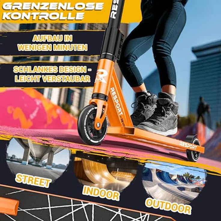 RE:SPORT® Stunt Scooter REVO, Profi Stuntroller für Kinder & Erwachsene mit Ständer, 100mm Polyurethan Wheels, Y-Bar, ABEC 9 Kugellager – Bild 4