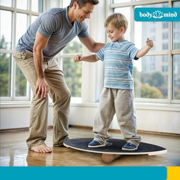 Body & Mind Balanceboard Wackelbrett für Physiotherapie und Surf-Training, Holz 78x30 cm mit Korkrolle, inkl. gratis E-Book – Bild 8