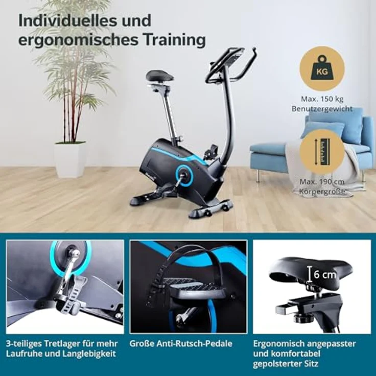 Skandika Ergometer Fahrrad Atlantis | Heimtrainer mit App Steuerung (Kinomap, iConsole), Bluetooth, 10kg Schwungmasse, Puls und Körperfettmessung, 32 Stufen, geräuscharm, Transportrollen | bis 150kg – Bild 5
