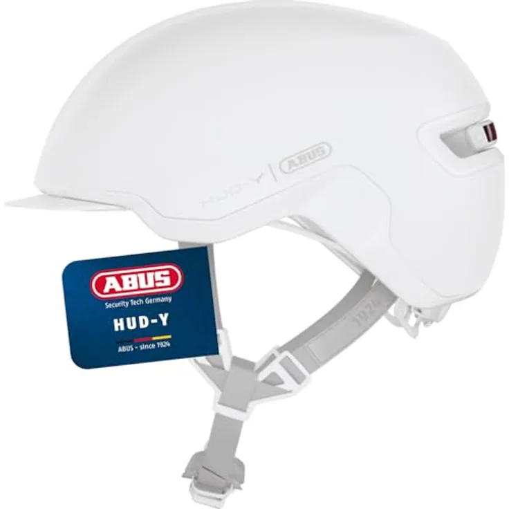 ABUS Urban Helm HUD-Y, Fahrradhelm mit aufladbarem LED-Rücklicht & Magnetverschluss, pure white, Größe M
