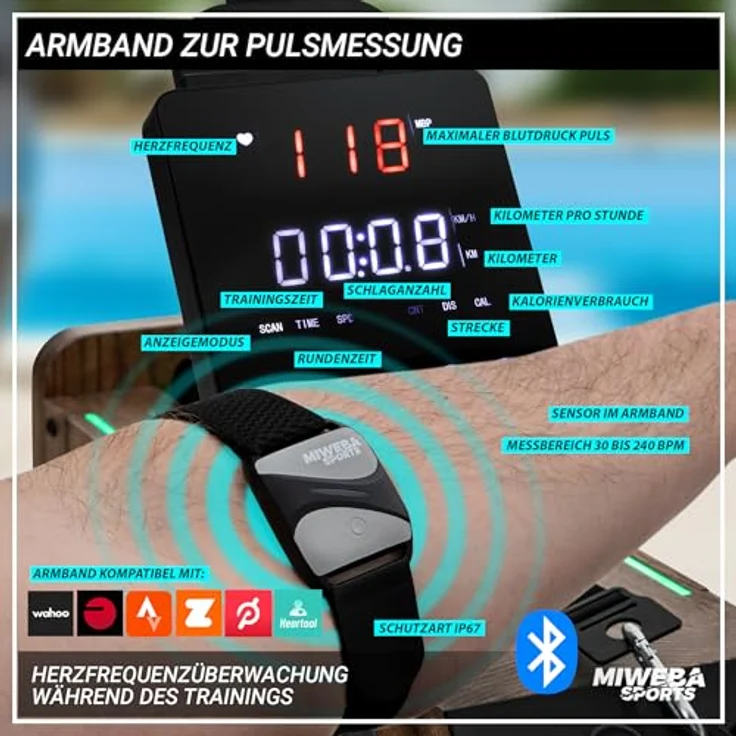 Miweba Sports Rudergerät für Zuhause MR700 Pro | Rudergerät Wasser - Klappbar - Kinomap App - Bluetooth - LED Wassertank - Esche dunkel – Bild 4