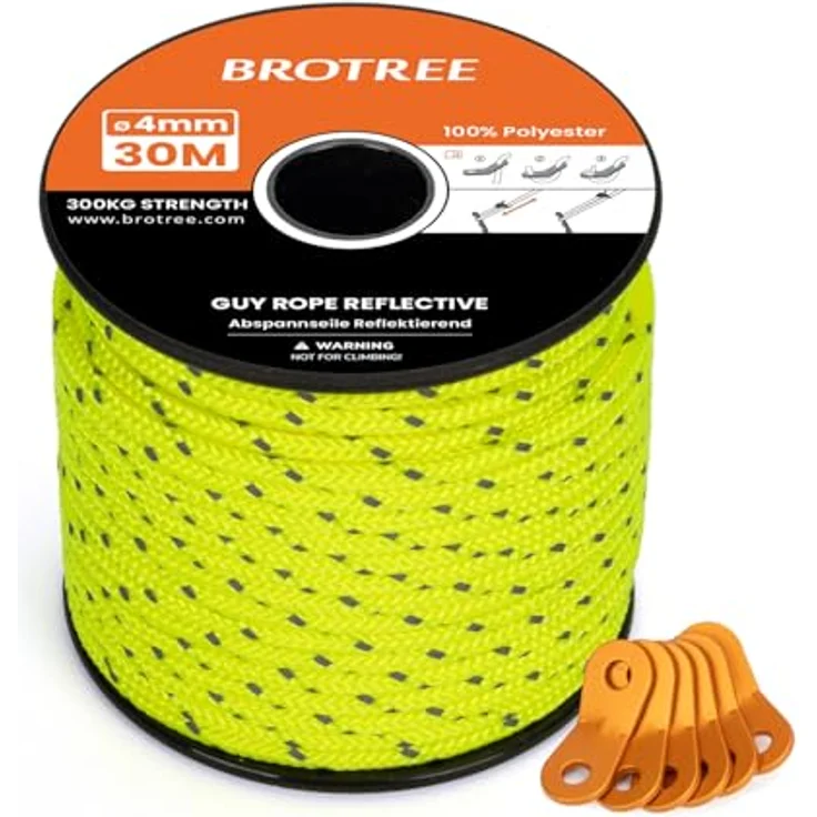 BROTREE Abspannseile Camping 30m Zeltschnur mit 6 x Spanner, 4mm reflektierend, schwerlast bis 300kg, Neon Gelb – Bild 1