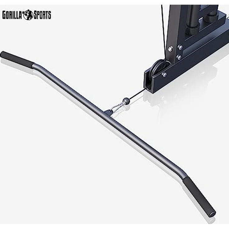 GORILLA SPORTS® Kabelzugturm zur Wandmontage, mit Seilzug, Latzugstange und 2 Federverschlüssen, bis 300kg Belastbar, Schwarz - Kraftstation für effektives Oberkörpertraining – Bild 3